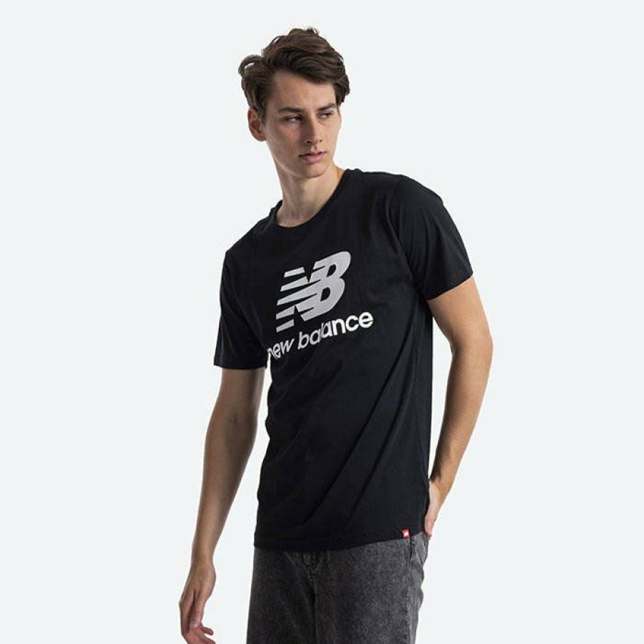 * Best Sellers T-Shirt New Balance Essentials Stacked Logo T Bk Mt01575Bk | Mens T-Shirts